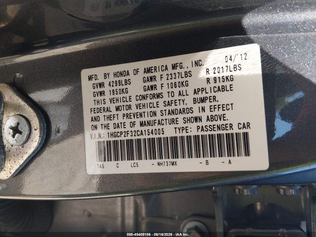 Продажа на аукционе авто 2012 Honda Accord 2.4 Lx, vin: 1HGCP2F32CA154005, номер лота: 45409186
