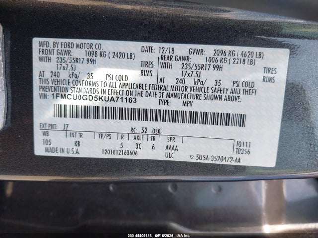 Aukcja sprzedaży 2019 Ford Escape Se, vin: 1FMCU0GD5KUA71163, numer aukcji: 45409188