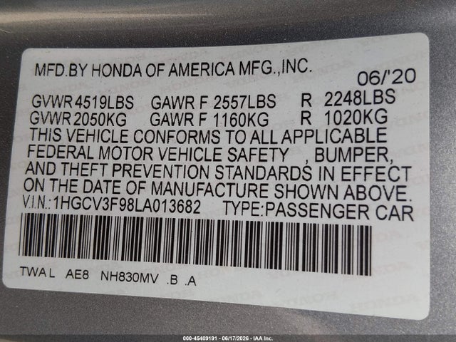 1HGCV3F98LA013682 Honda Accord Hybrid Touring