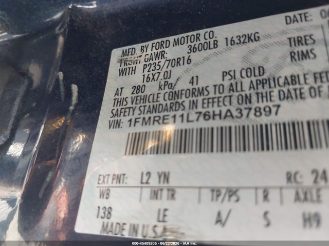 45409205 :رقم المزاد ، 1FMRE11L76HA37897 vin ، 2006 Ford E-150 Xl/xlt مزاد بيع