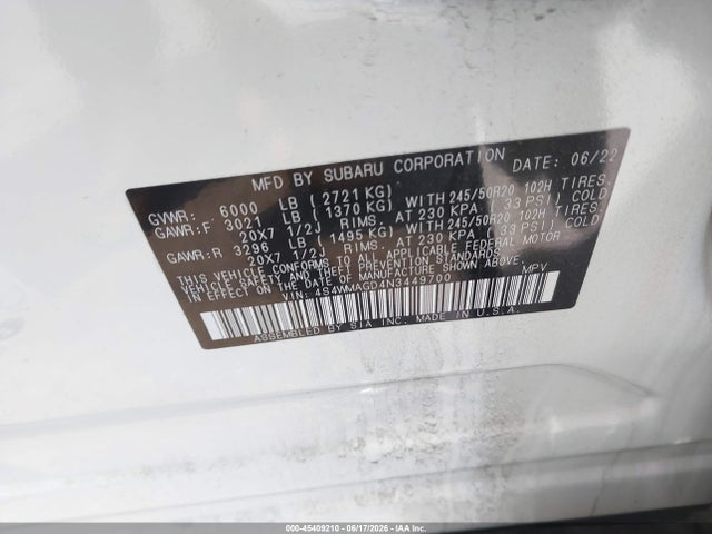 45409210 :رقم المزاد ، 4S4WMAGD4N3449700 vin ، 2022 Subaru Ascent Onyx Edition مزاد بيع