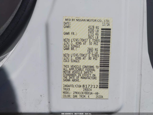 Продажа на аукционе авто 2016 Nissan Nv Cargo Nv2500 Hd S V8, vin: 1N6AF0LY2GN817212, номер лота: 45409214