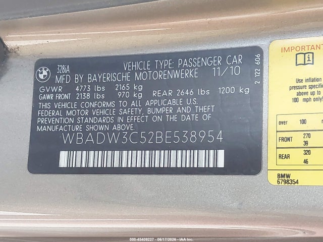Продажа на аукционе авто 2011 Bmw 328i, vin: WBADW3C52BE538954, номер лота: 45409227