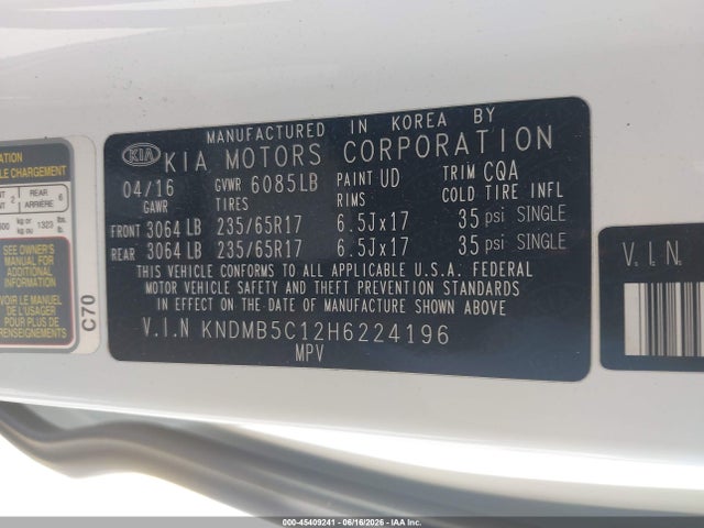 2017 Kia Sedona Lx მანქანა იყიდება აუქციონზე, vin: KNDMB5C12H6224196, აუქციონის ნომერი: 45409241