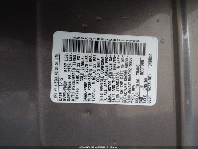 Продаж на аукціоні авто 2012 Nissan Murano Sl, vin: JN8AZ1MW6CW219906, номер лоту: 45409247