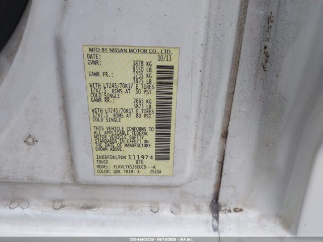Aukcja sprzedaży 2013 Nissan Nv Cargo Nv1500 Sv V6, vin: 1N6BF0KL9DN111974, numer aukcji: 45409259