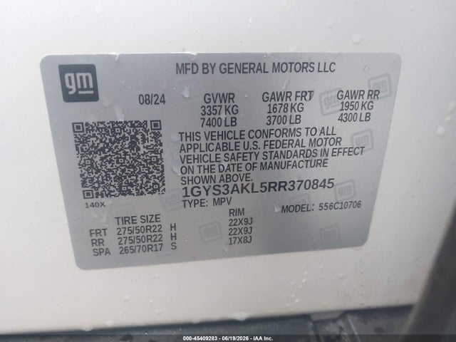 45409283 :رقم المزاد ، 1GYS3AKL5RR370845 vin ، 2024 Cadillac Escalade 2wd Luxury مزاد بيع