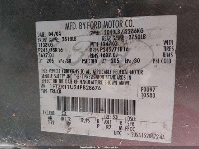 Aukcja sprzedaży 2004 Ford Ranger Edge, vin: 1FTZR11U24PB28676, numer aukcji: 45409295