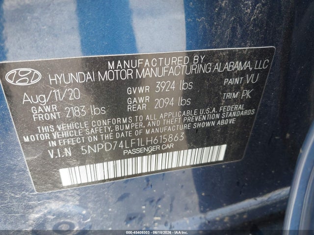 Auction sale of the 2020 Hyundai Elantra Se, vin: 5NPD74LF1LH615863, lot number: 45409303