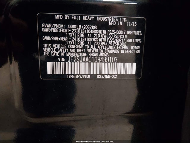 2016 Subaru Forester 2.5i მანქანა იყიდება აუქციონზე, vin: JF2SJAAC1GH499103, აუქციონის ნომერი: 45409305
