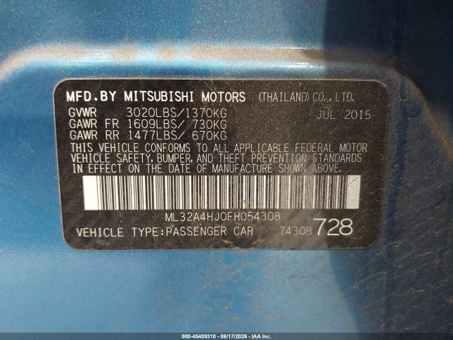 Aukcja sprzedaży 2015 Mitsubishi Mirage Es, vin: ML32A4HJ0FH054308, numer aukcji: 45409310