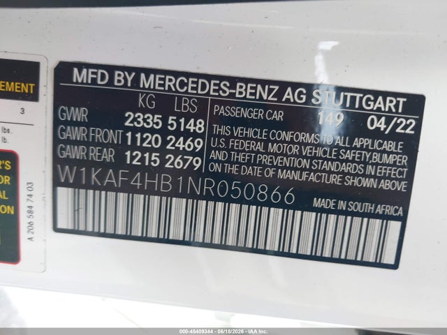 Aukcja sprzedaży 2022 Mercedes-benz C 300 4matic, vin: W1KAF4HB1NR050866, numer aukcji: 45409344