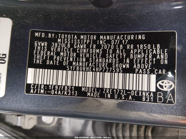 Aukcja sprzedaży 2017 Toyota Corolla Le, vin: 5YFBURHE4HP727595, numer aukcji: 45409346