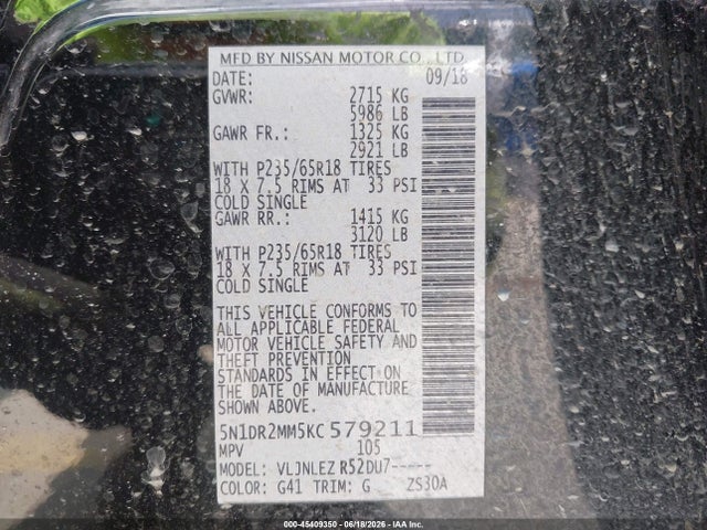 Продажа на аукционе авто 2019 Nissan Pathfinder Sv, vin: 5N1DR2MM5KC579211, номер лота: 45409350