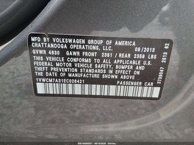 1VWCM7A31EC026421 Volkswagen Passat 3.6l V6 Sel Premium