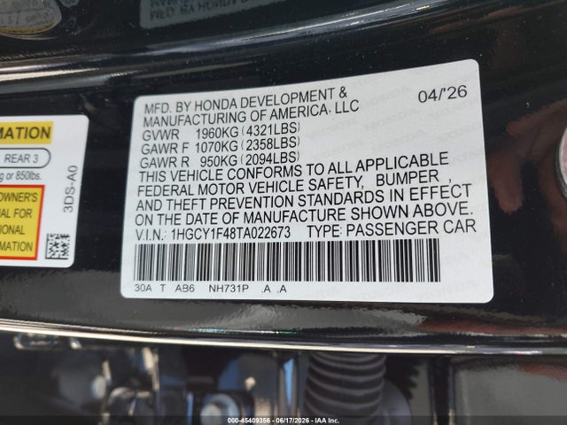 1HGCY1F48TA022673 Honda ACCORD SE