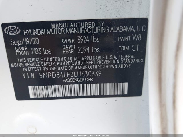Продаж на аукціоні авто 2020 Hyundai Elantra Sel, vin: 5NPD84LF8LH630339, номер лоту: 45409363