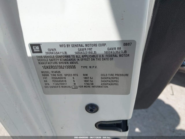 Aukcja sprzedaży 2008 Gmc Acadia Slt-2, vin: 1GKER33738J130936, numer aukcji: 45409380