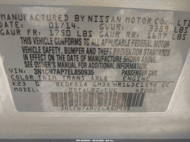 Aukcja sprzedaży 2014 Nissan Versa 1.6 Sv, vin: 3N1CN7AP7EL850935, numer aukcji: 45409391