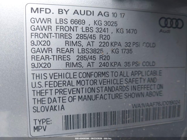 Aukcja sprzedaży 2018 Audi Q7 3.0t Premium, vin: WA1VAAF76JD019024, numer aukcji: 45409398