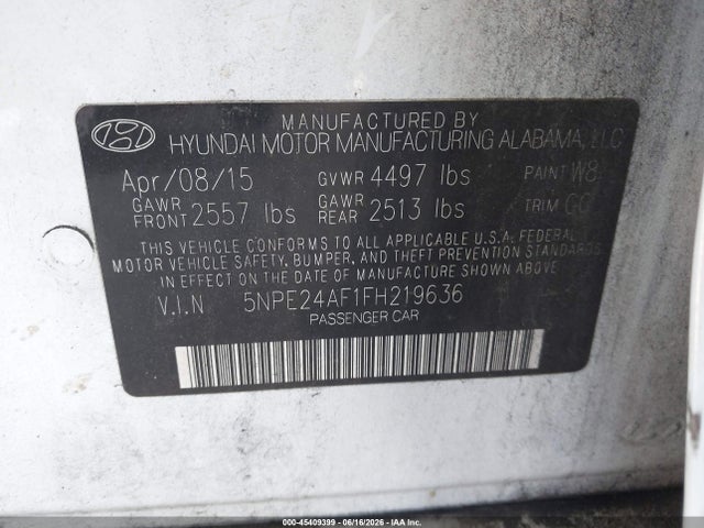 Aukcja sprzedaży 2015 Hyundai Sonata Se, vin: 5NPE24AF1FH219636, numer aukcji: 45409399