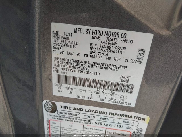 45409406 :رقم المزاد ، 1FTFW1ET9EKE80360 vin ، 2014 Ford F-150 Fx4 مزاد بيع