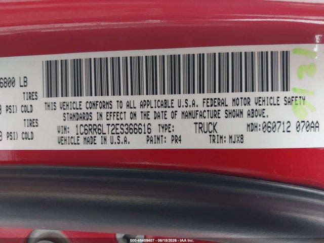 45409407 :رقم المزاد ، 1C6RR6LT2ES366616 vin ، 2014 Ram 1500 Lone Star مزاد بيع