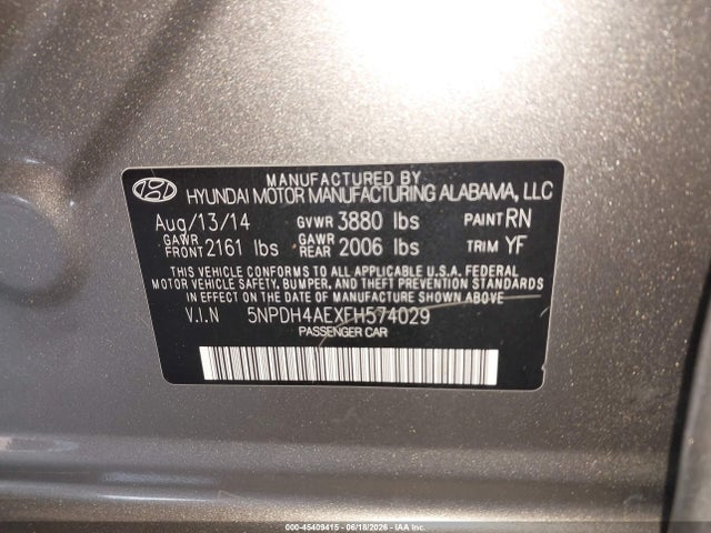 5NPDH4AEXFH574029 Hyundai ELANTRA SE