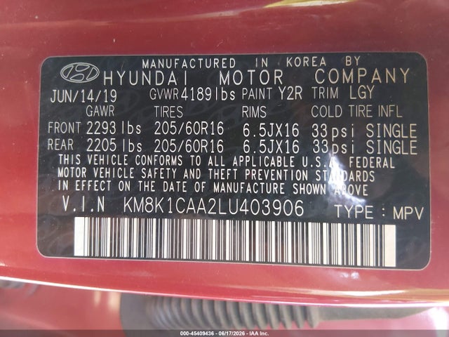 45409436 :رقم المزاد ، KM8K1CAA2LU403906 vin ، 2020 Hyundai Kona Se مزاد بيع