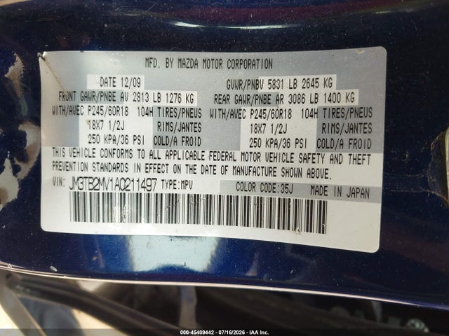Aukcja sprzedaży 2010 Mazda Cx-9 Sport, vin: JM3TB2MV1A0211497, numer aukcji: 45409442