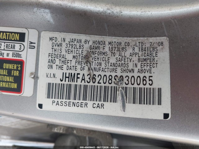 45409443 :رقم المزاد ، JHMFA36208S030065 vin ، 2008 Honda Civic Hybrid مزاد بيع