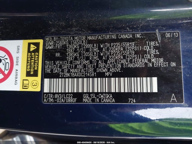 Aukcja sprzedaży 2013 Lexus Rx 350 F Sport, vin: 2T2BK1BAXDC214581, numer aukcji: 45409455