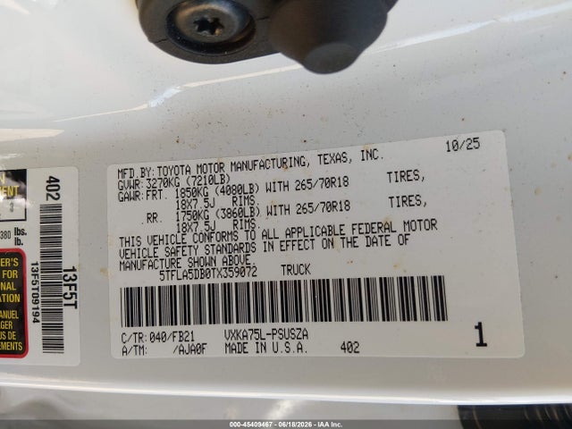Aukcja sprzedaży 2026 Toyota Tundra Sr5 Crewmax 5.5' Bed, vin: 5TFLA5DB0TX359072, numer aukcji: 45409467