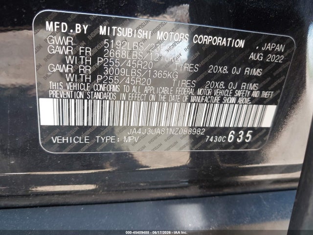 2022 Mitsubishi Outlander Black Edition 2wd/se 2.5 2wd/se Launch Edition 2wd მანქანა იყიდება აუქციონზე, vin: JA4J3UA81NZ088982, აუქციონის ნომერი: 45409488