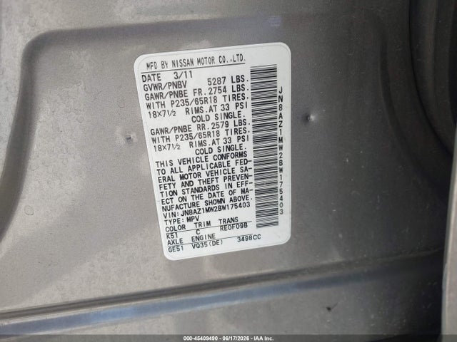 45409490 :رقم المزاد ، JN8AZ1MW2BW175403 vin ، 2011 Nissan Murano S مزاد بيع