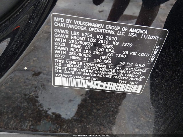 Aukcja sprzedaży 2021 Volkswagen Atlas 3.6l V6 Se W/technology R-line, vin: 1V2PR2CA1MC545406, numer aukcji: 45409505