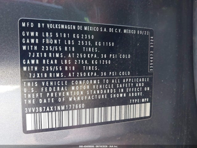 3VV3B7AX1NM177660 Volkswagen Tiguan 2.0t Se
