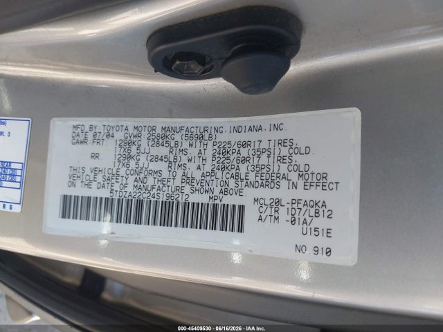 45409530 :رقم المزاد ، 5TDZA22C24S196212 vin ، 2004 Toyota Sienna Xle Limited مزاد بيع
