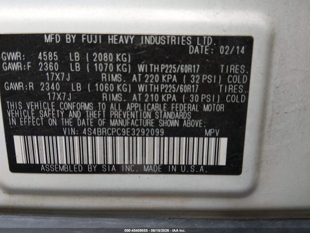 Subaru Outback 2.5i Limited 2014 4S4BRCPC9E3292099 Image 9