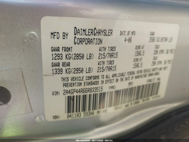 45409560 :رقم المزاد ، 2A4GP44R66R833515 vin ، 2006 Chrysler Town & Country Lx مزاد بيع