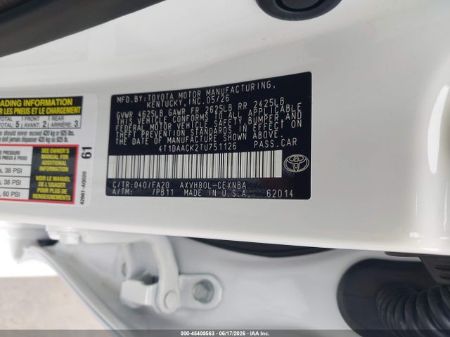 45409563 :رقم المزاد ، 4T1DAACK2TU751126 vin ، 2026 Toyota Camry Le مزاد بيع