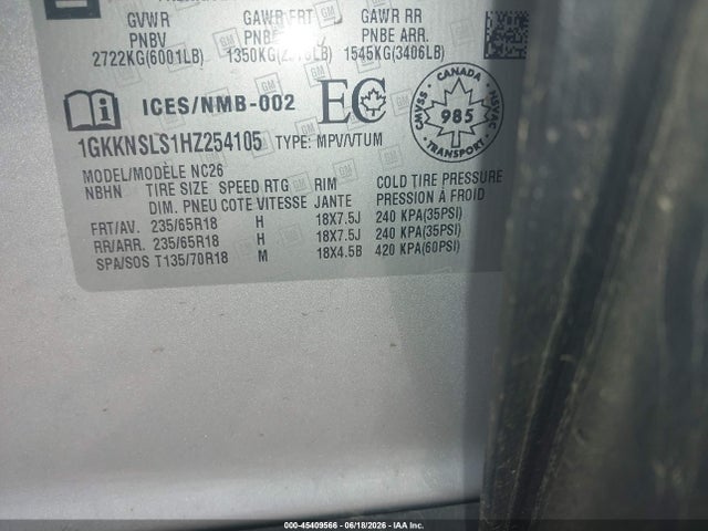 Aukcja sprzedaży 2017 Gmc Acadia Sle-2, vin: 1GKKNSLS1HZ254105, numer aukcji: 45409566