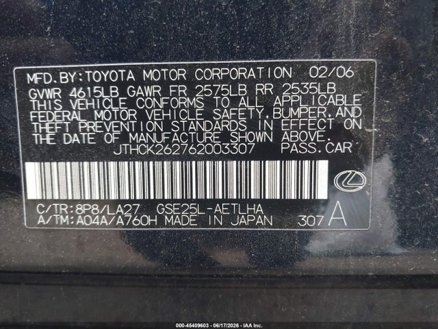 Aukcja sprzedaży 2006 Lexus Is 250, vin: JTHCK262762003307, numer aukcji: 45409603