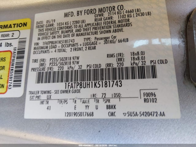 1FATP8UH1K5181743 Ford Mustang Ecoboost/ecoboost Premium