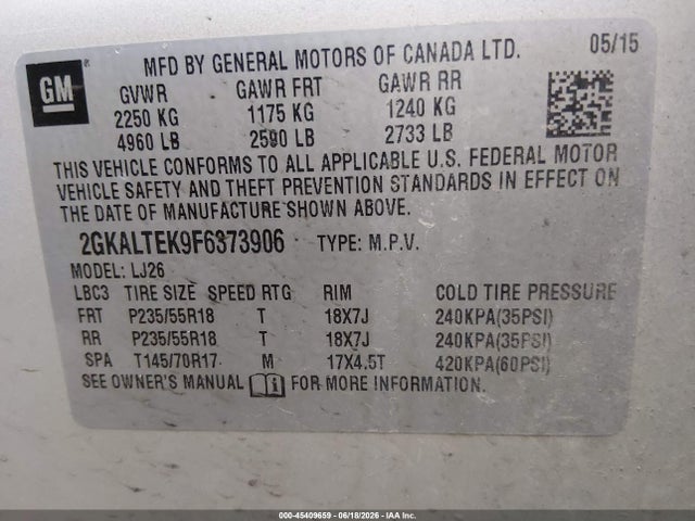 GMC Terrain Slt-2 2015 2GKALTEK9F6373906 Image 9
