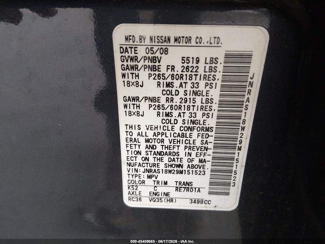 Продажа на аукционе авто 2009 Infiniti Fx35, vin: JNRAS18W29M151523, номер лота: 45409665