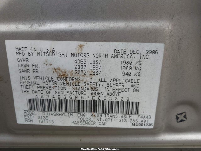 Aukcja sprzedaży 2007 Mitsubishi Galant Es/se, vin: 4A3AB36F57E053329, numer aukcji: 45409693