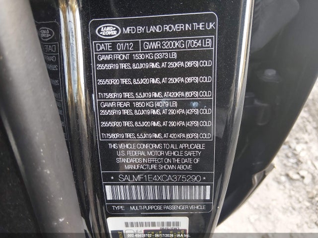 Aukcja sprzedaży 2012 Land Rover Range Rover Supercharged, vin: SALMF1E4XCA375290, numer aukcji: 45409702