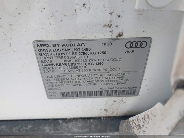 45409708 :رقم المزاد ، WA1BAAFY8M2018789 vin ، 2021 Audi Q5 Premium Plus 45 Tfsi Quattro S Tronic مزاد بيع