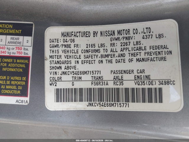 Продаж на аукціоні авто 2006 Infiniti G35, vin: JNKCV54E66M715771, номер лоту: 45409712